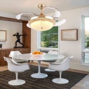 Modern style 42-inch retractable ceiling fan with gold-colored glass Asian art lamp