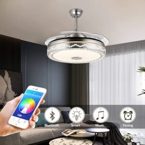 42 Inch Retractable Ceiling Fan with LED Light and Bluetooth Speaker