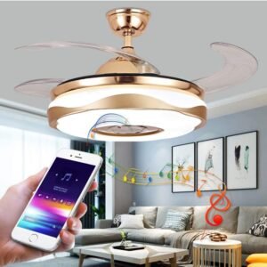 Retractable ceiling fan with Bluetooth speaker and remote control in gold finish